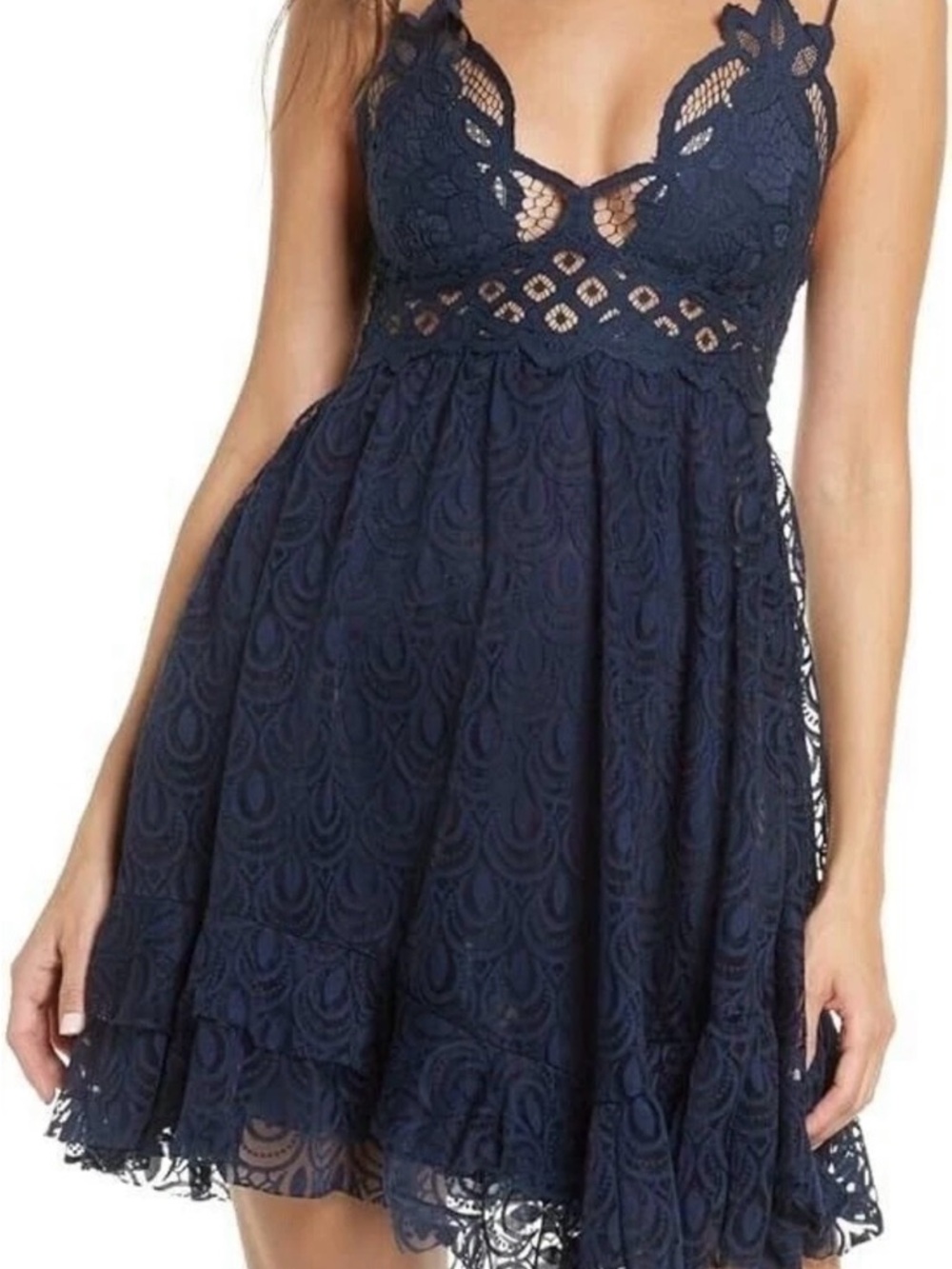 Free People Navy Lace Babydoll Midi Dress